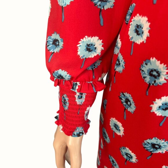J. Crew Red Dandelion Floral Print Smocked Long Sleeve Round Neck Preppy Dress 0 - Picture 8 of 12